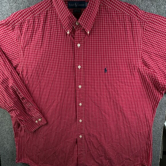 Ralph Lauren Cotton Long Sleeve Button Up Shirt Men Red Check Yarmouth 18 34/35 - Picture 2 of 13